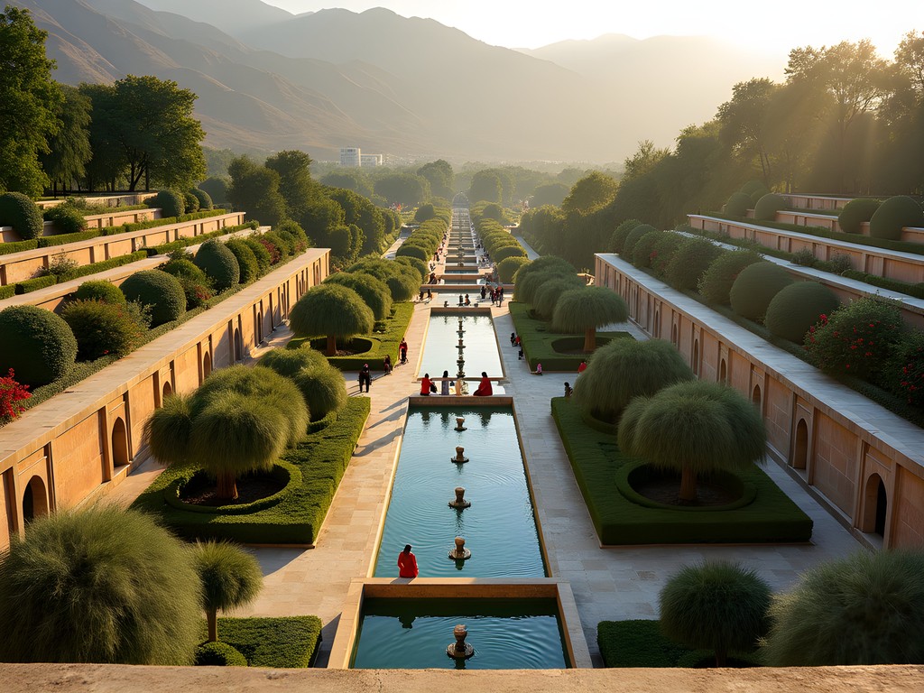 Restored terraced gardens of Babur in Kabul with traditional water channels