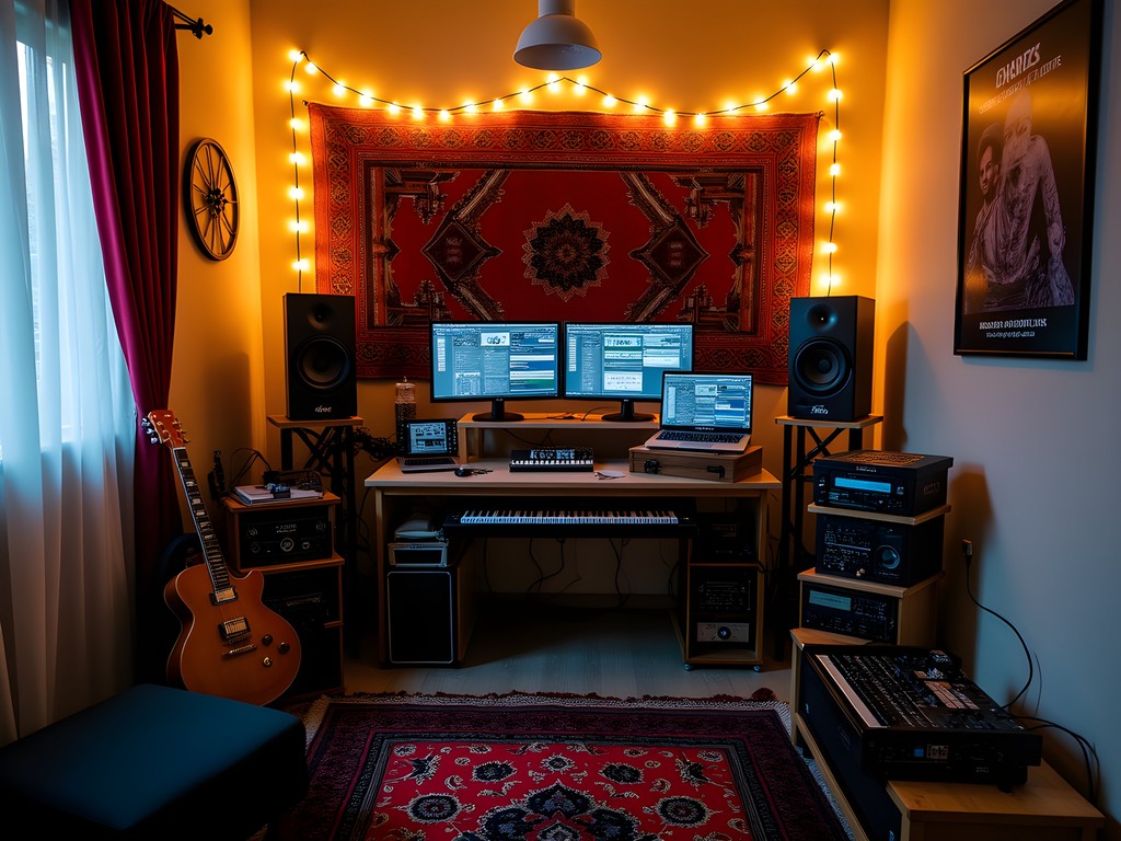 Underground electronic music studio in Kabul with traditional Afghan instruments and modern equipment