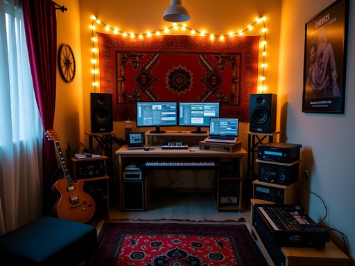 Underground electronic music studio in Kabul with traditional Afghan instruments and modern equipment