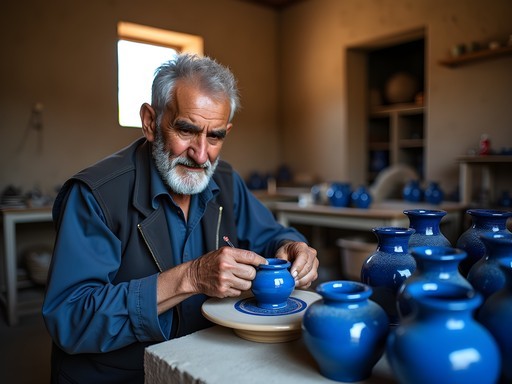 Afghan artisan creating traditional blue pottery in Kandahar workshop