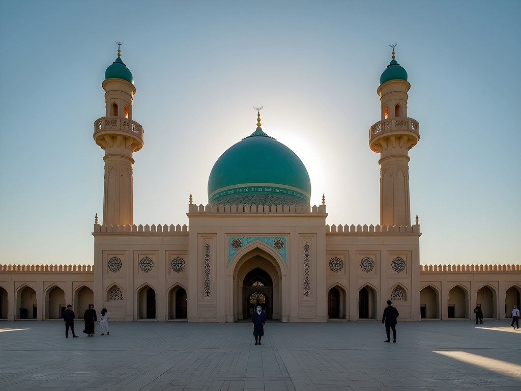 Dawn light illuminating the turquoise dome of Khirqa Sharif shrine in Kandahar