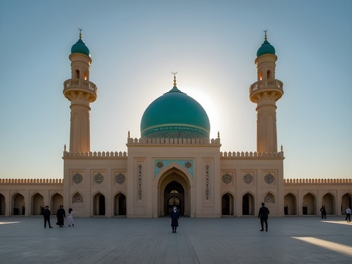Dawn light illuminating the turquoise dome of Khirqa Sharif shrine in Kandahar