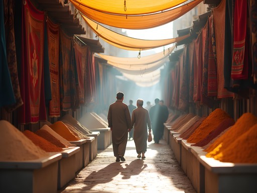 Traditional bazaar in Old Kandahar with colorful textiles and spices