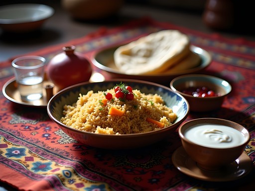 Traditional Kandahari meal with pulao rice, bread, and tea setting