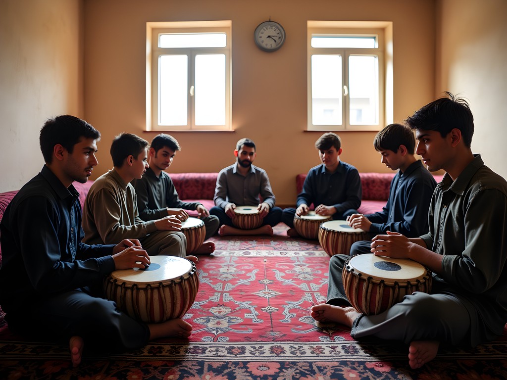 Young Afghan musicians practicing traditional instruments at Kandahar community center