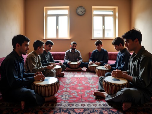 Young Afghan musicians practicing traditional instruments at Kandahar community center