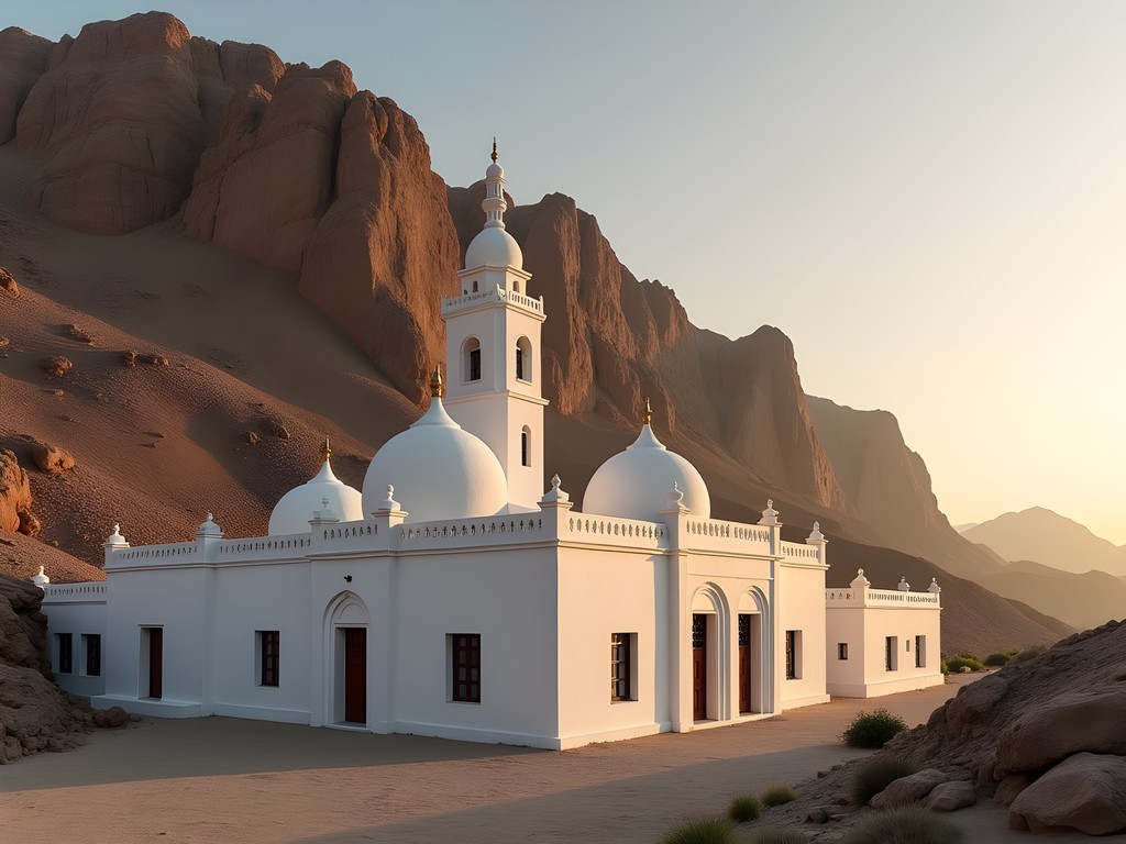 Khatmiya Mosque with dramatic Jebel Totil mountain backdrop at sunset
