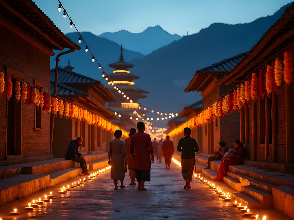 Traditional oil lamps illuminating homes and temples during Tihar Festival in Kathmandu