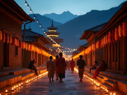 Traditional oil lamps illuminating homes and temples during Tihar Festival in Kathmandu