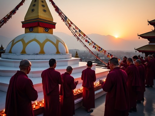 Evening prayer ceremony at Swayambhunath Stupa with butter lamps and monks