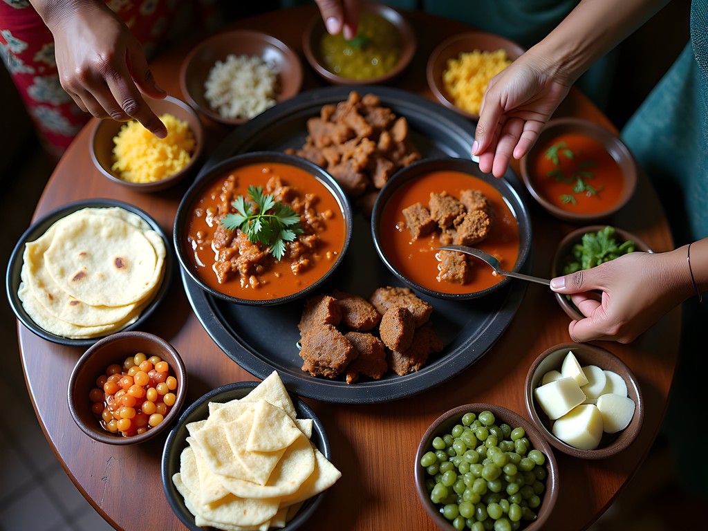 Traditional Sudanese communal meal with multiple dishes in Khartoum
