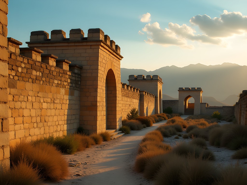 Ancient citadel ruins in Khujand at sunrise with mountains in background