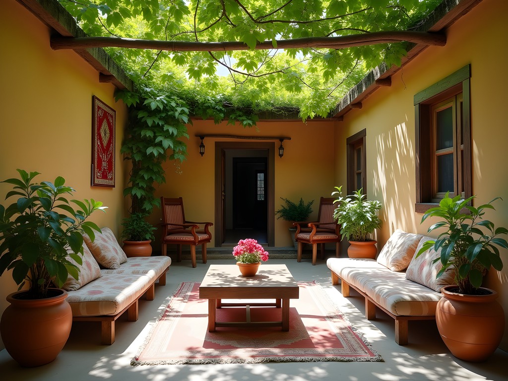 Traditional Tajik family courtyard with grapevines and outdoor seating area
