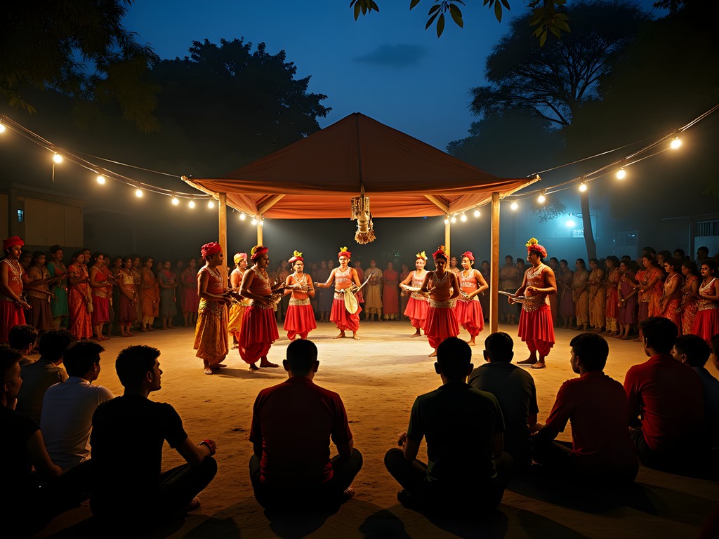 Traditional Bengali jatra folk theater performance in Khulna at night with colorful costumes
