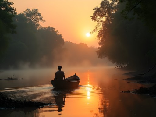 Small wooden boat navigating through misty Sundarbans mangrove channels at sunrise