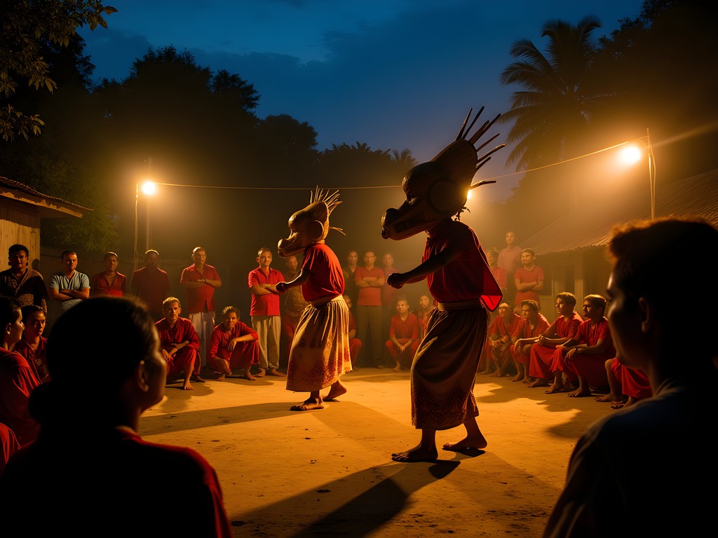 Traditional Gambhira masked folk dance performance in village courtyard at night