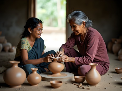 Traditional pottery making lesson with elderly artisan in rural Bangladesh village