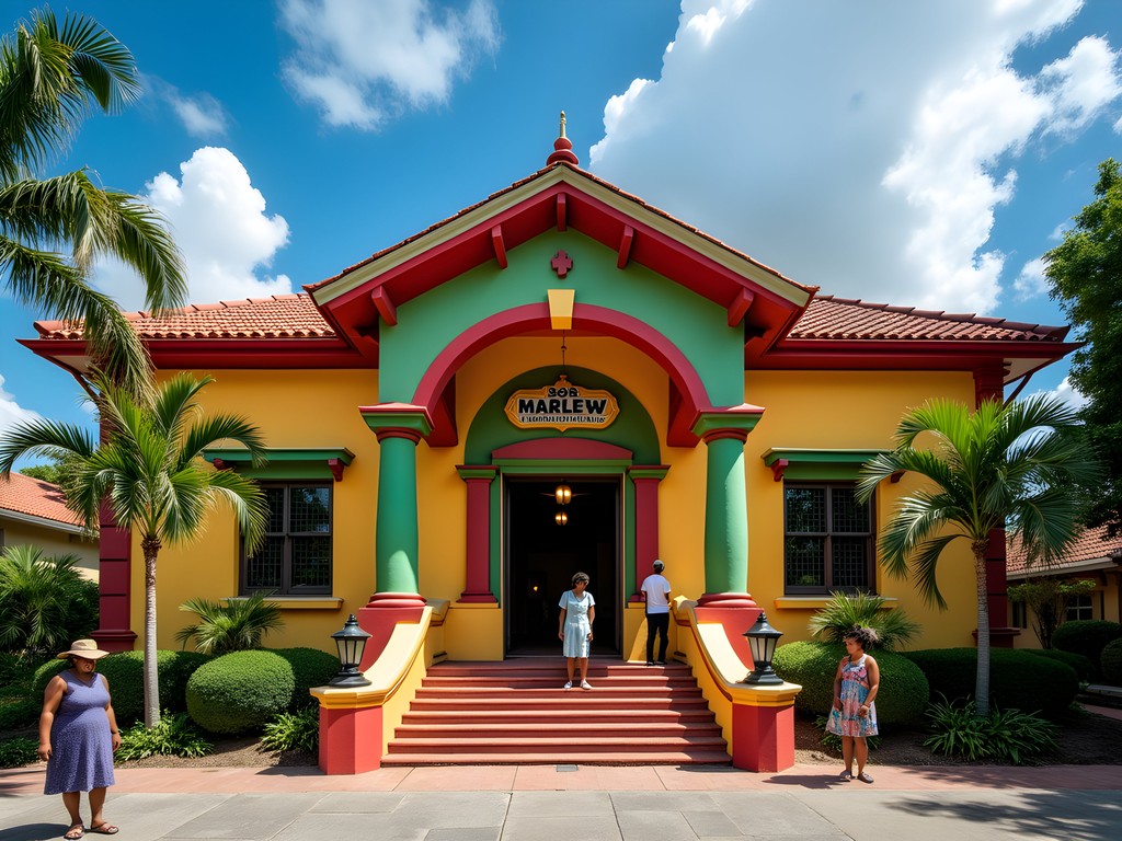 Colorful exterior of Bob Marley Museum in Kingston with Rastafarian colors and murals