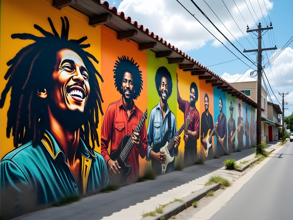 Colorful street mural in Kingston depicting Jamaican musical heritage with reggae icons and instruments