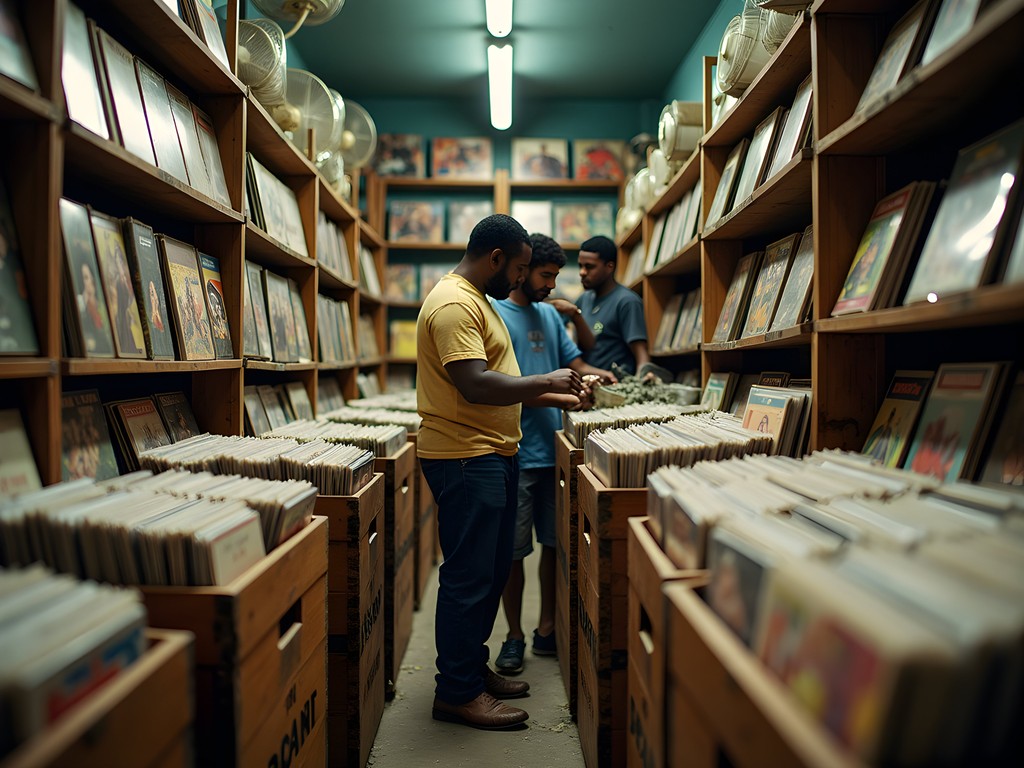 Traditional record shop in Kingston with crates of vintage reggae vinyl