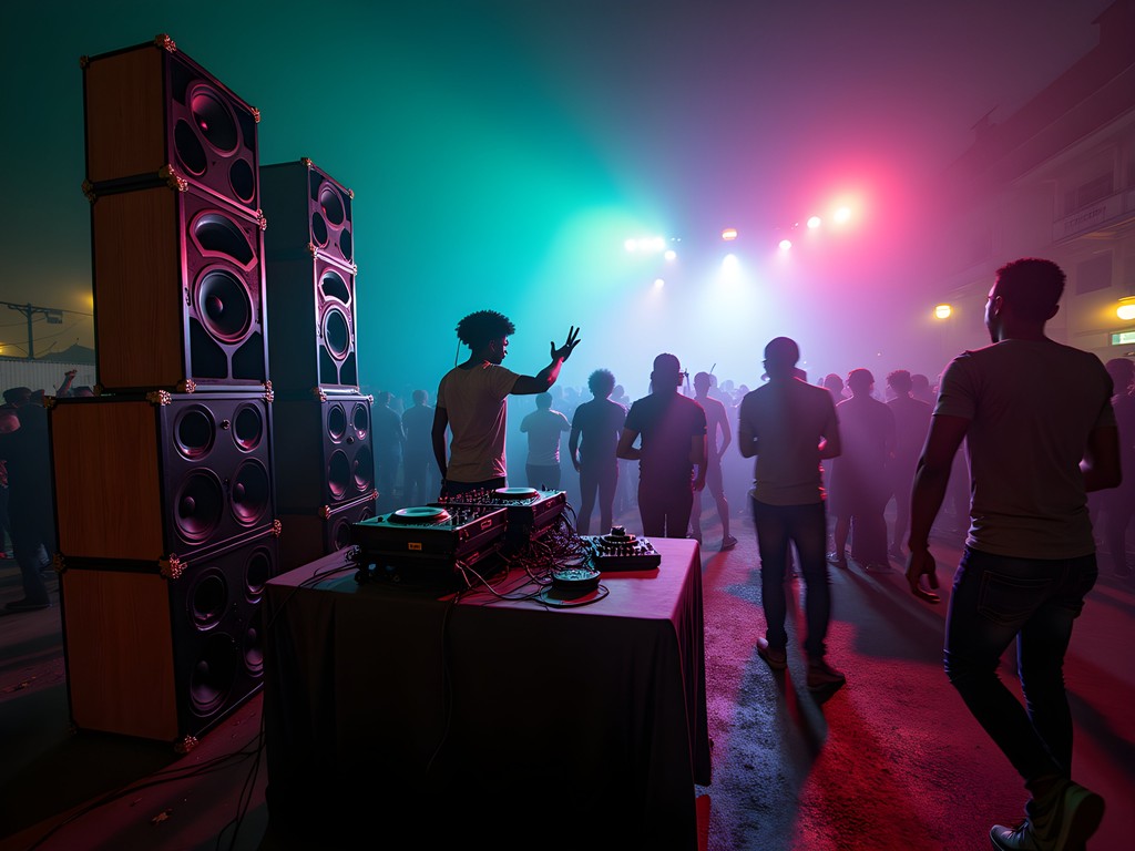 Authentic Jamaican sound system with massive speakers and crowd dancing at night in Kingston