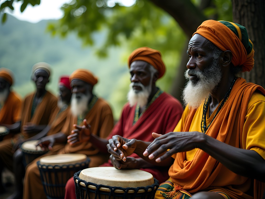 Traditional Nyabinghi Rastafari drumming ceremony in Kingston hills