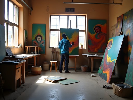 Congolese artist working on canvas in natural light-filled studio in Kinshasa