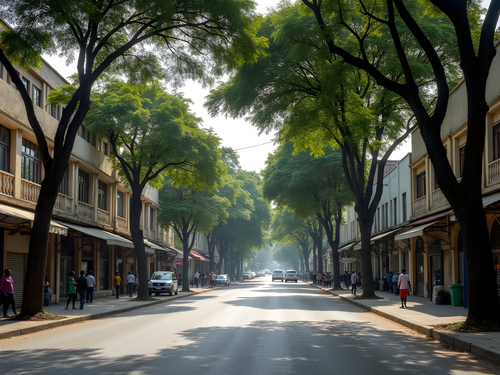Busy street scene in Kinshasa's Gombe district with pedestrians and local commerce