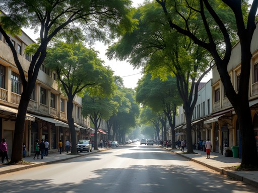 Busy street scene in Kinshasa's Gombe district with pedestrians and local commerce