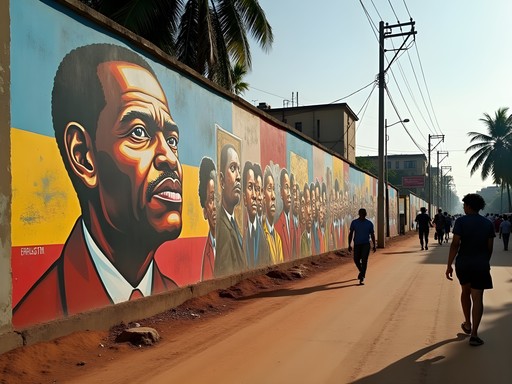 Large-scale political street mural in Kinshasa's Matonge district with bold colors and symbolic imagery