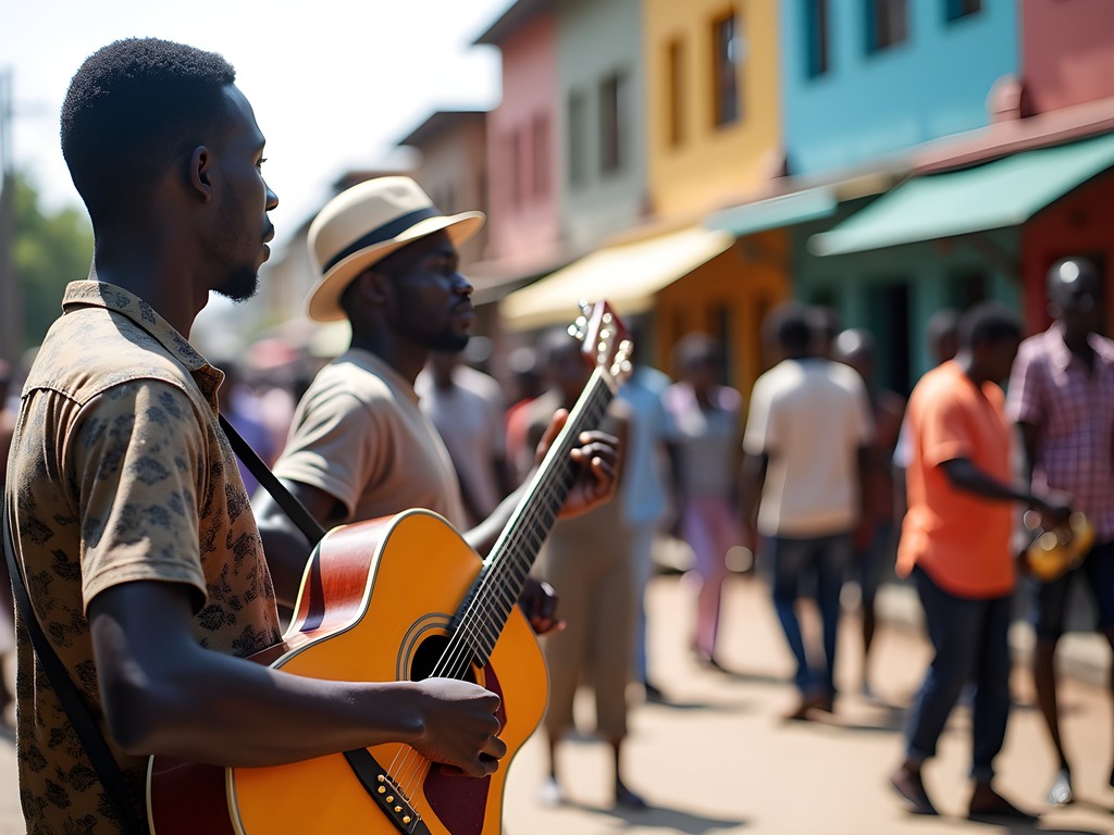 Street musicians performing on Boulevard du 30 Juin in Kinshasa