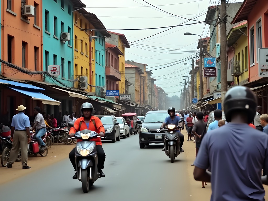 Busy street scene in downtown Kinshasa with pedestrians and traffic