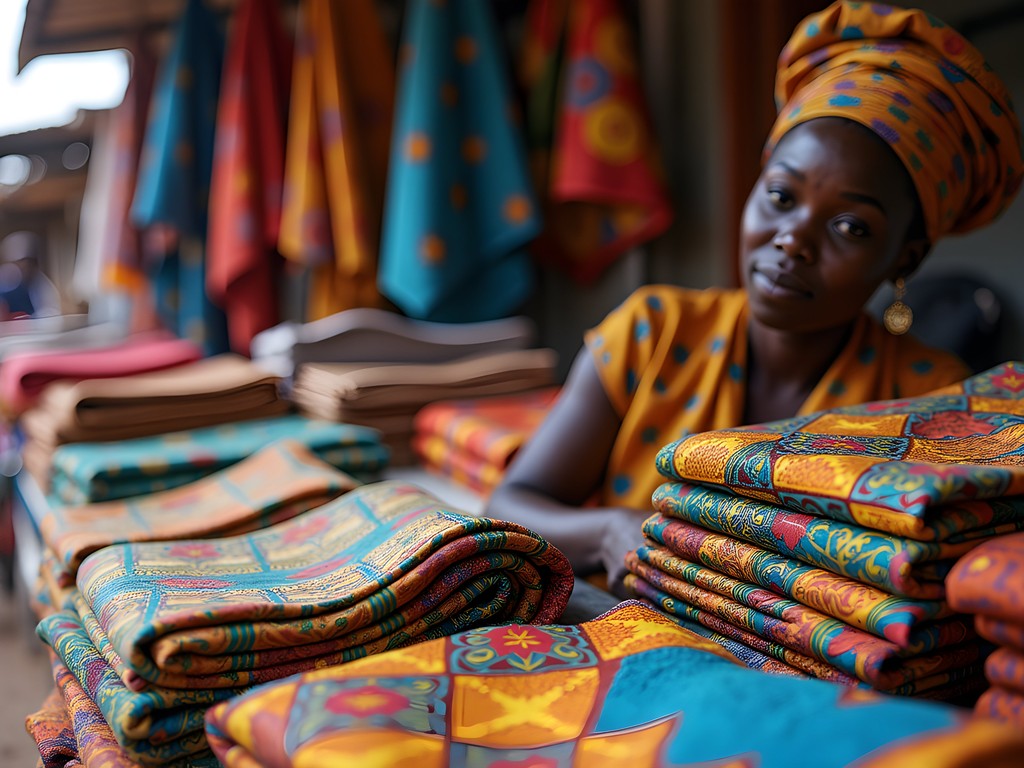 Colorful display of traditional chitenge fabrics with female vendor at Chisokone Market