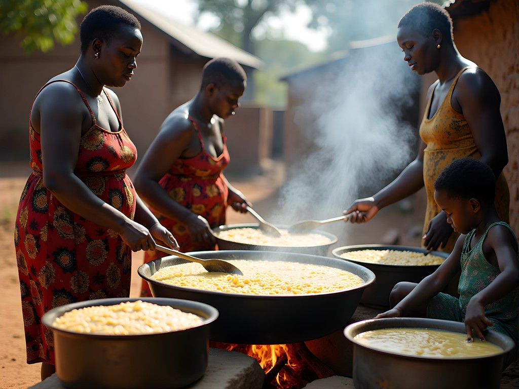 Zambian family preparing traditional nshima meal outdoors