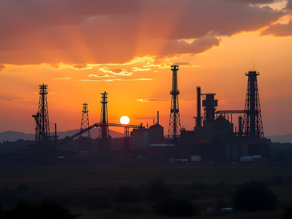 Dramatic industrial landscape of Nkana Mine with headframes and processing facilities at sunset