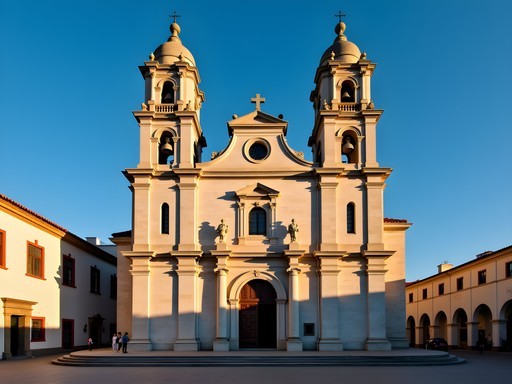 Colonial architecture and stone church in La Serena's historic center
