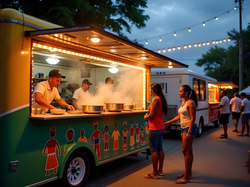 Colorful food trucks serving traditional Dominican dishes at La Vega Carnival