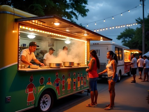 Colorful food trucks serving traditional Dominican dishes at La Vega Carnival