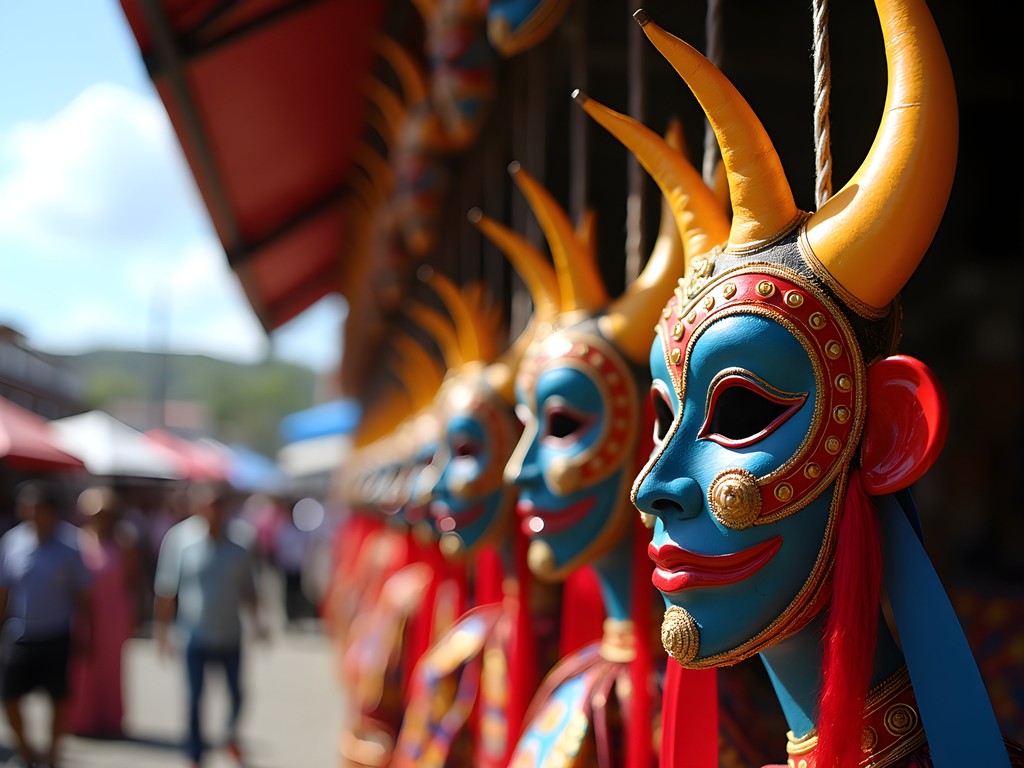 Colorful traditional vejigantes masks displayed at La Vega Carnival