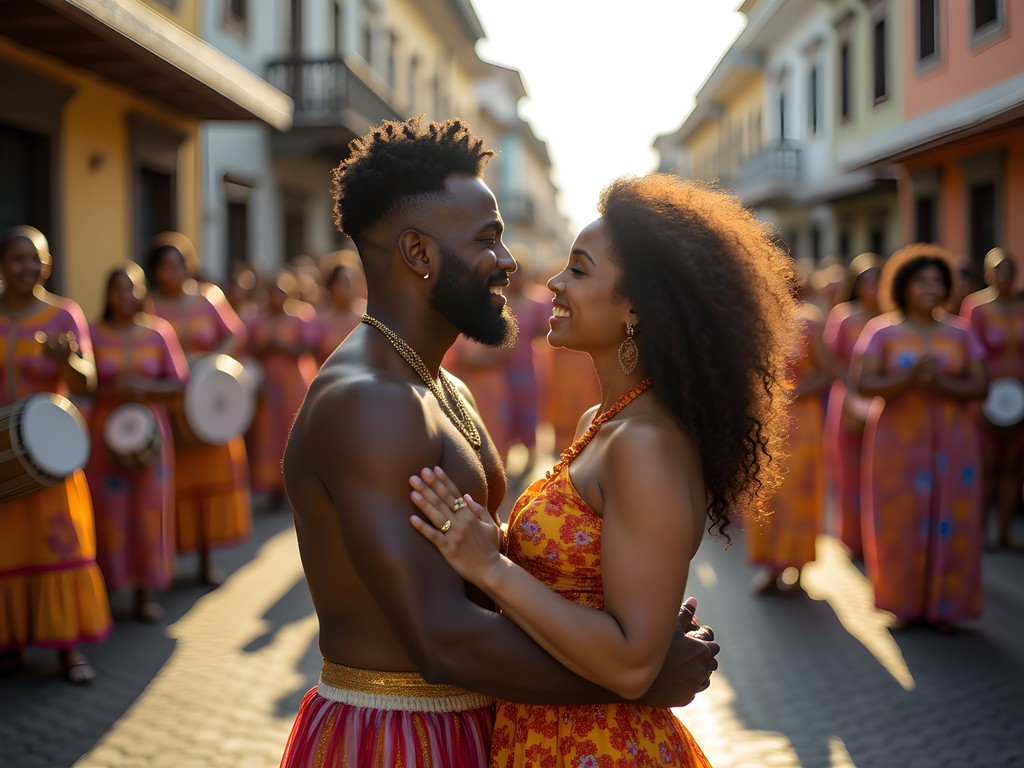 Couples dancing to live merengue music during La Vega Carnival street parade