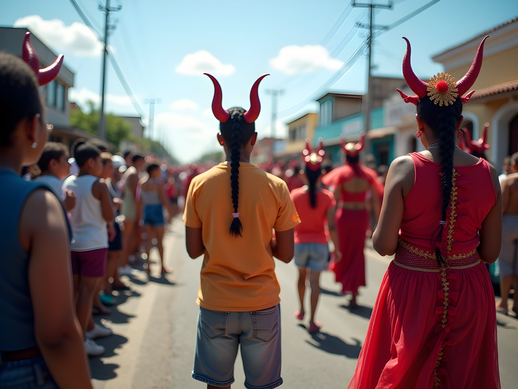 Multigenerational families watching the Sunday grand parade at La Vega Carnival