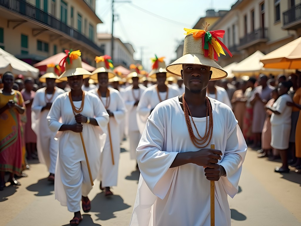 White-clad Eyo masquerade performers parading through Lagos streets during traditional festival
