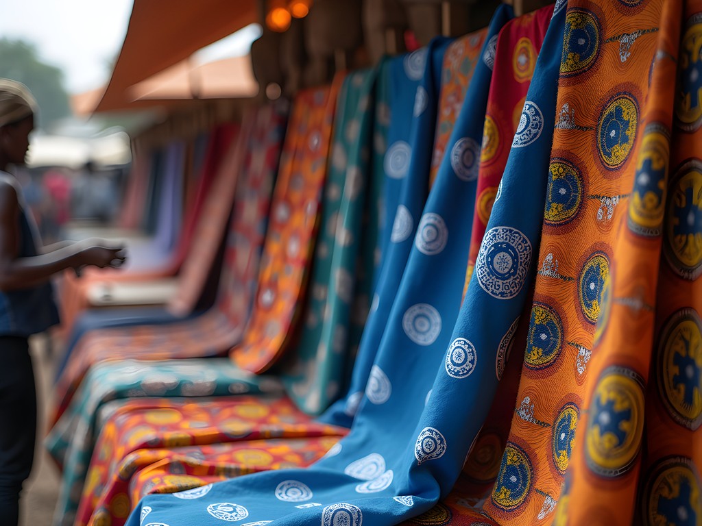 Colorful traditional Nigerian textiles displayed at Lekki Arts & Crafts Market in Lagos
