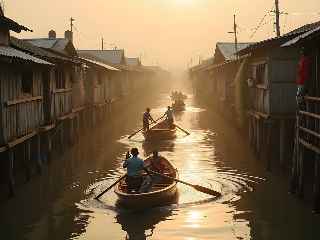 Wooden canoe navigating through Makoko floating village in Lagos with stilted houses