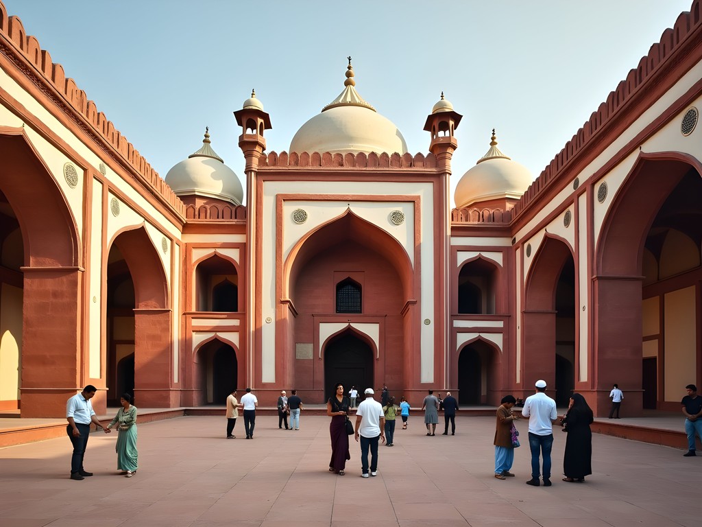 Visitor demonstrating proper etiquette at Badshahi Mosque Lahore