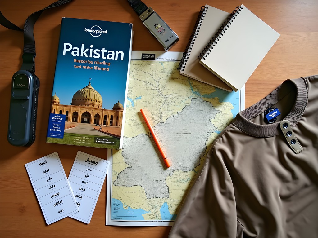 Travel preparation for Pakistan with guidebooks, language materials and modest clothing