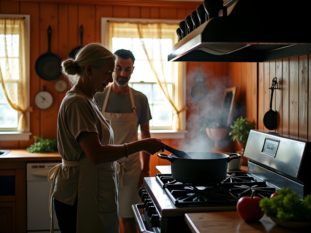 Cajun grandmother teaching couple to make gumbo roux in traditional Lake Charles kitchen