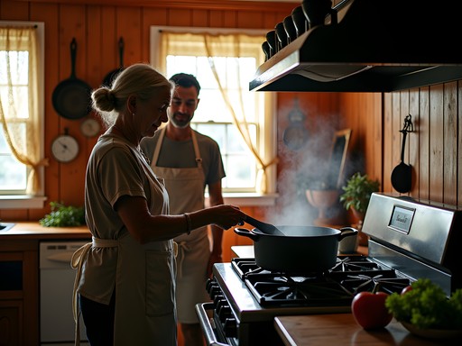 Cajun grandmother teaching couple to make gumbo roux in traditional Lake Charles kitchen