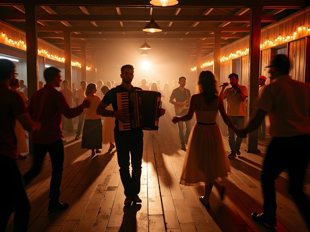 Couples dancing zydeco in authentic Louisiana dance hall with live accordion band