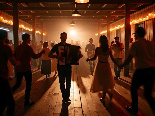 Couples dancing zydeco in authentic Louisiana dance hall with live accordion band